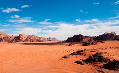 The lunar-like desert landscape of Wadi Rum in Jordan
